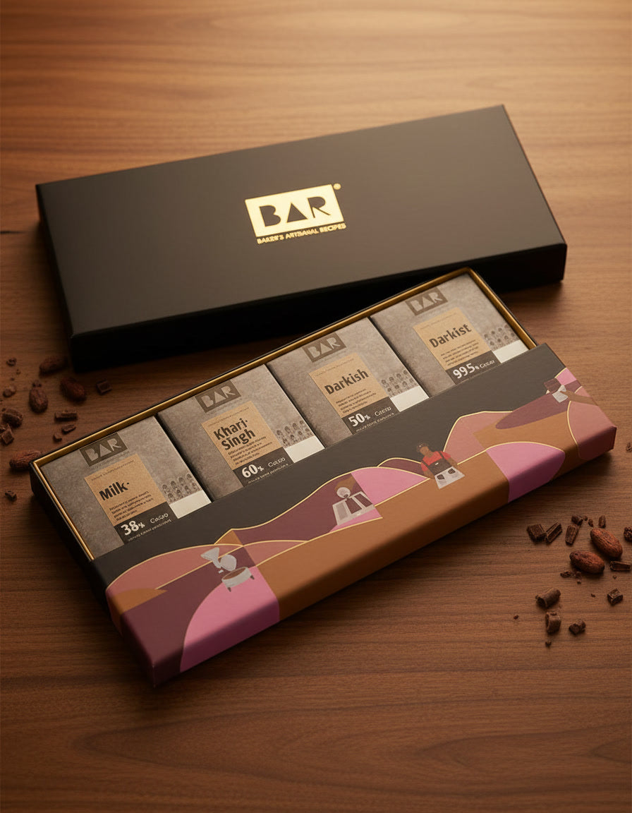 BAR Mangalore Origin Chocolate Gift Box — 4 Bars (38% to 99.5%), Mangalore Karnataka (4 x 80g)
